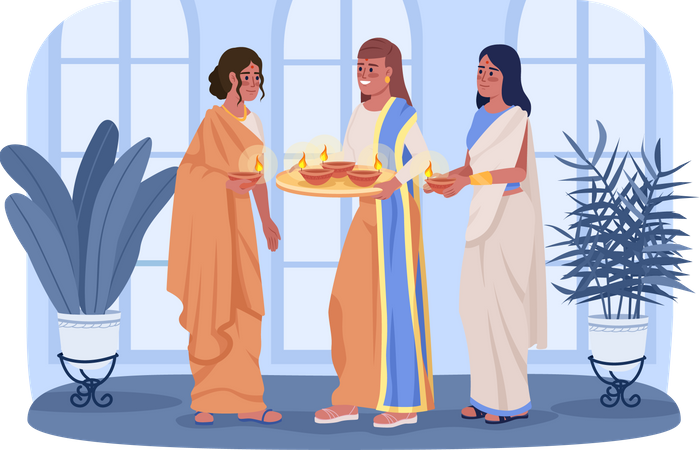 Women with burning diyas on Diwali  Illustration