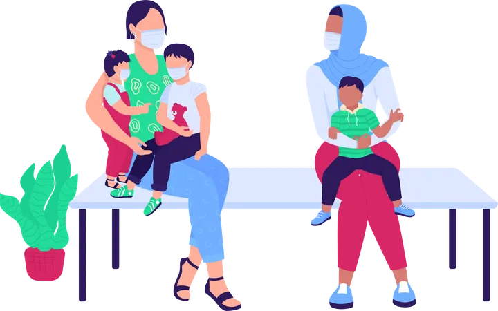 Women with children waiting in hospital Illustration