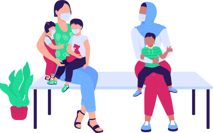 Women with children waiting in hospital  Illustration