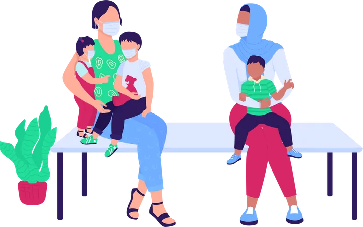 Women with children waiting in hospital  Illustration