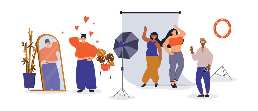 Women with different body expressing self love by mirror or photoshoots situation  Illustration