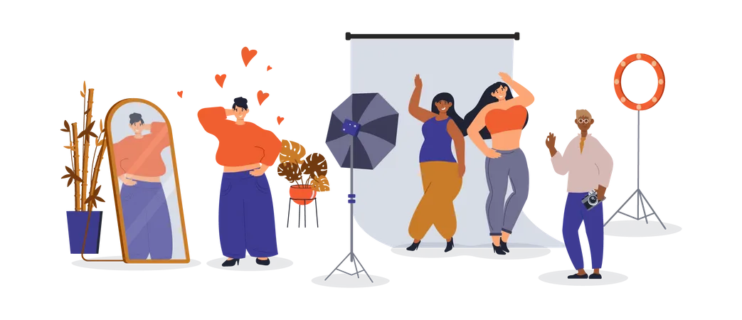 Women with different body expressing self love by mirror or photoshoots situation  Illustration