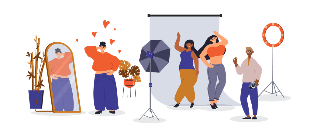 Women with different body expressing self love by mirror or photoshoots situation  Illustration