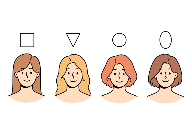 Women with different face shapes smile near shapes of triangle and square and circle with oval  Illustration