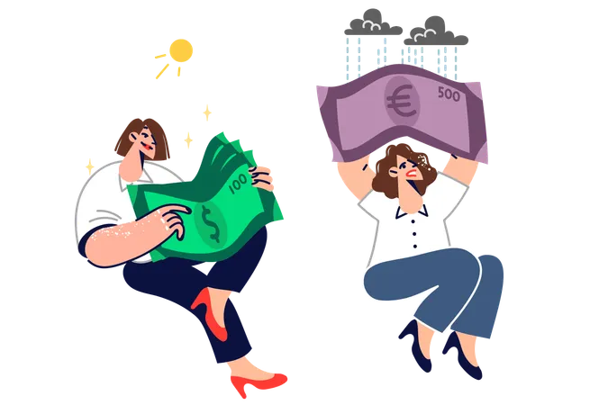 Two Women With Dollars And Euros In Hands Exchange Cash Into Currencies And Get Different Results Businesswoman With USD Rejoices And Feels Comfortable While Girl With EUR Suffers Due To Crisis Illustration