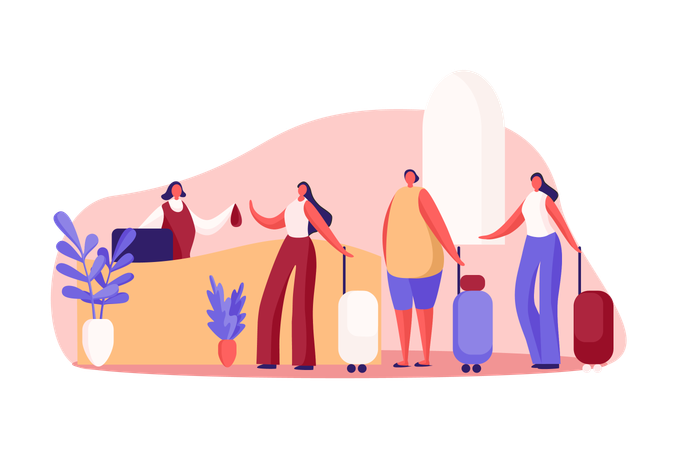 Women with luggage at guesthouse front desk, inn administrator, receptionist gives lodger key, hotel business Illustration