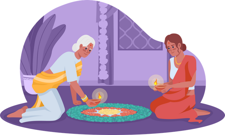 Women with oil lamps celebration Diwali  Illustration