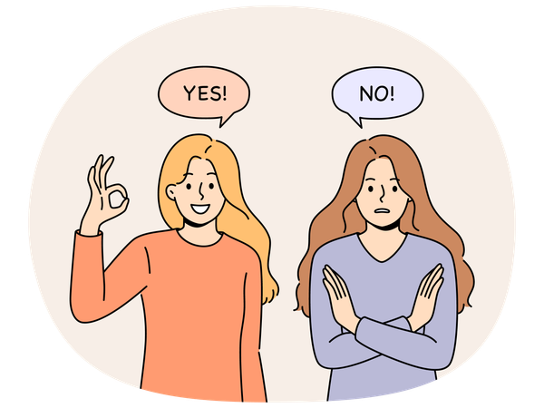 Women with opposing opinions demonstrate yes and no gestures, answering question or suggestion  Illustration