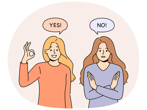 Women with opposing opinions demonstrate yes and no gestures, answering question or suggestion  Illustration
