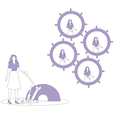 Women with wrenches near mechanism with employees  Illustration