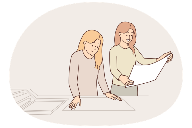 Women work in printing factory and scan image using copy equipment to reproduce adverting flyers  Illustration