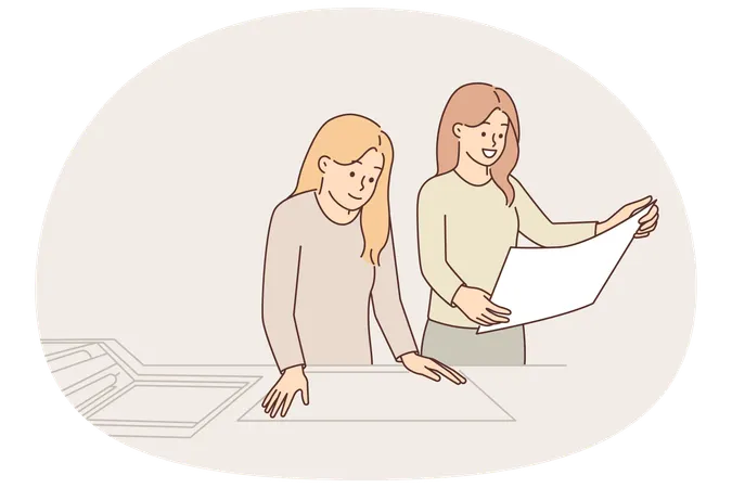 Women work in printing factory and scan image using copy equipment to reproduce adverting flyers  Illustration
