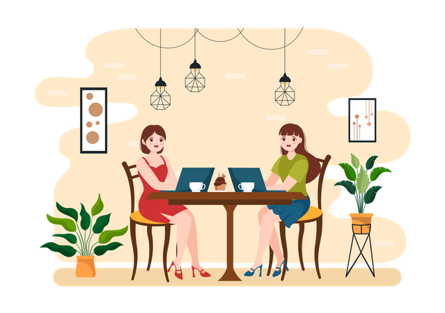 Women working in cafe Illustration