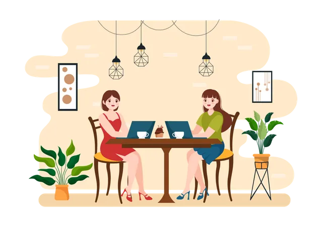 Women working in cafe Illustration
