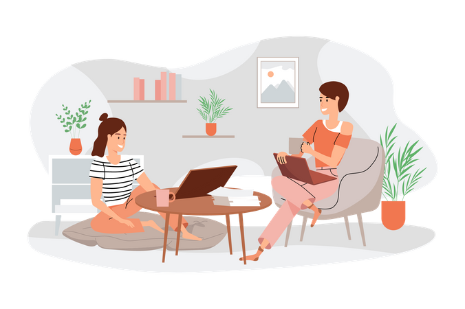 Women working on laptop at home Illustration