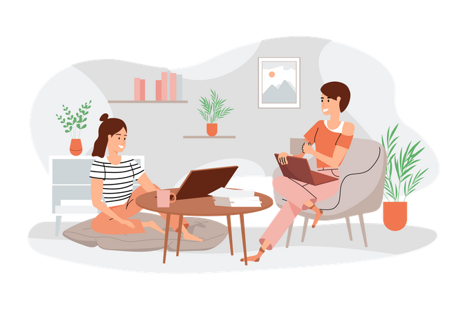 Women working on laptop at home  Illustration