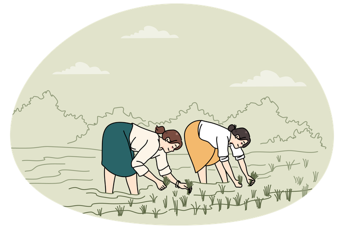 논에서 일하는 여성들  일러스트레이션