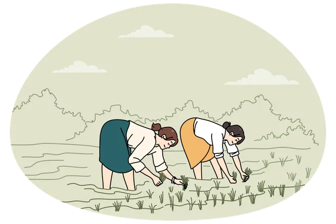 논에서 일하는 여성들  일러스트레이션