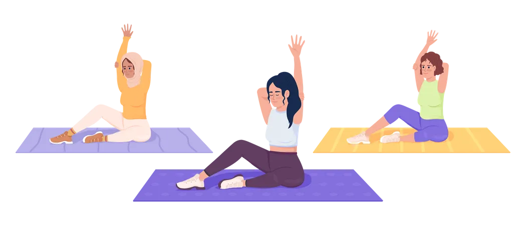 Women Working Out Together Semi Flat Color Vector Characters Yoga Exercises Editable Figures Full Body People On White Simple Cartoon Style Illustration For Web Graphic Design And Animation Illustration