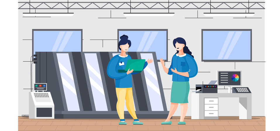 Women working with computer printing machine in printshop having break and communicating  Illustration