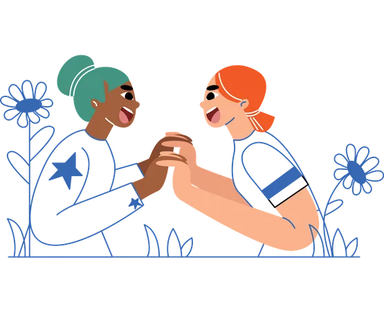 This Illustration Showcases Two Women In A Friendly Arm Wrestling Match Symbolizing Strength And Unity Set Against A Backdrop Of Blooming Flowers It Captures The Spirit Of Empowerment And Camaraderie Illustration