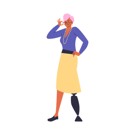 Wondered woman prosthetic leg in glasses while thinking  Illustration