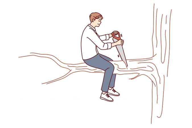 Wood cutter is cutting branches of tree  イラスト