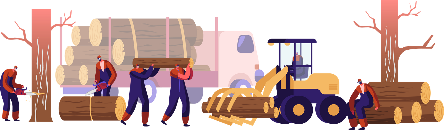 Wood log manufacturing process Illustration