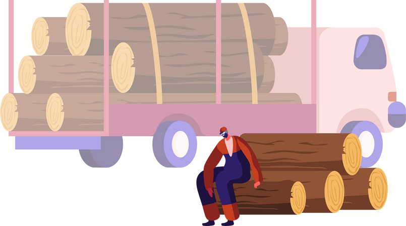 Woodcutter Having Break Sitting on Wooden Logs Pile in Forest  Illustration