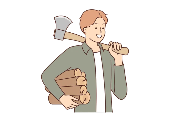 Man Lumberjack Holds Ax And Logs For Making Fire During Hike Or Camping With Night Halt Lumberjack Guy Prepared Branches For Kindling Fireplace In House And Creating Cozy Atmosphere In Cottage Illustration