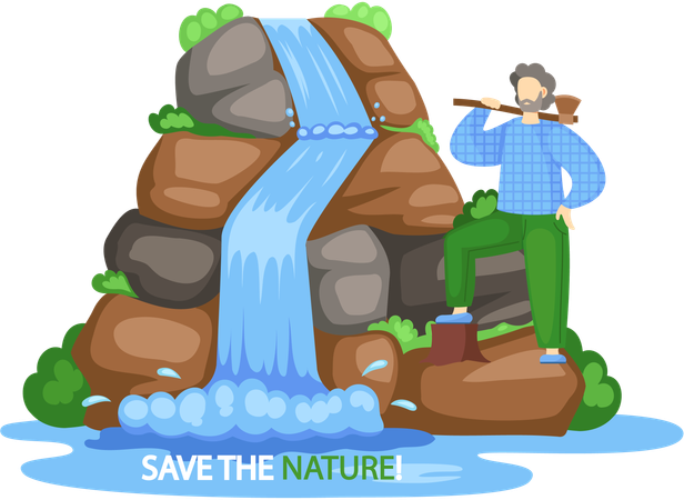 Woodcutter standing near waterfall  Illustration