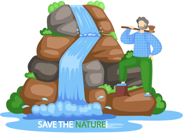 Woodcutter standing near waterfall  Illustration