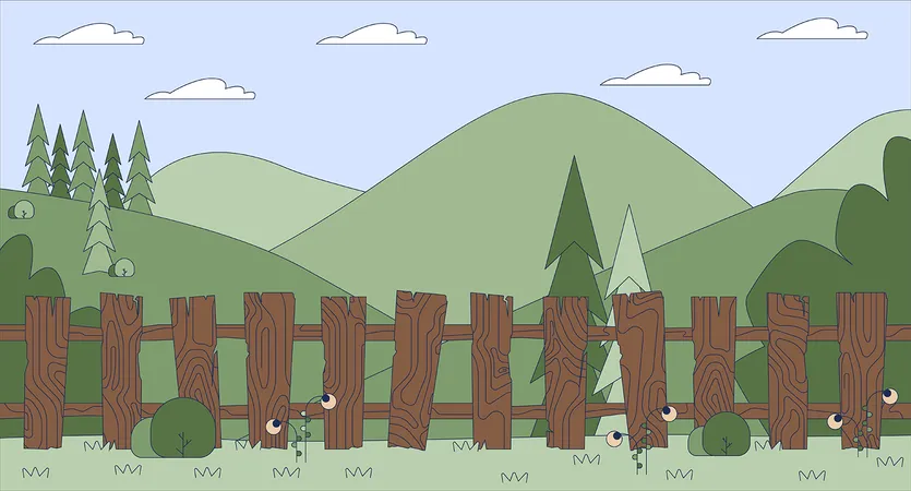 Wooden fence on field at picturesque highland  Illustration