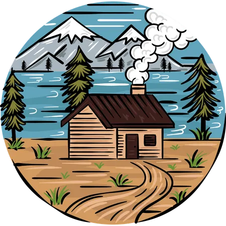 Wooden House by Lake  Illustration