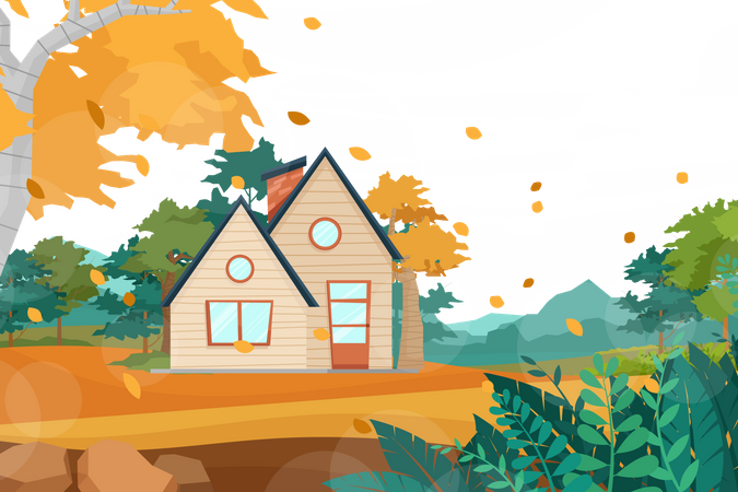 Wooden house in landscape  Illustration