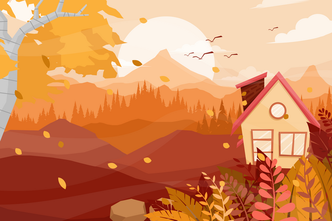 Wooden house in Mountain  Illustration
