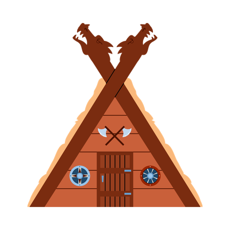 Wooden norse viking house with carved details  Illustration