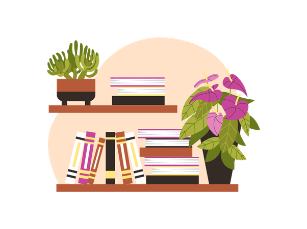 Wooden shelf with flowers in pots  Illustration