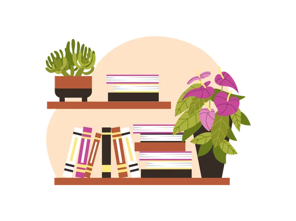 Wooden shelf with flowers in pots  Illustration