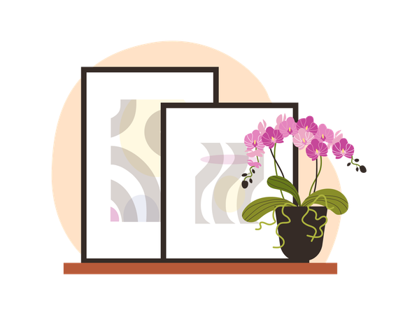 Wooden shelf with paintings and pink orchid in pot  Illustration