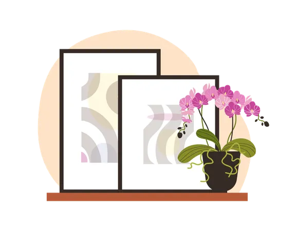 Wooden shelf with paintings and pink orchid in pot  Illustration