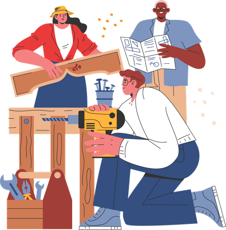 Woodworkers assembling furniture piece  Illustration