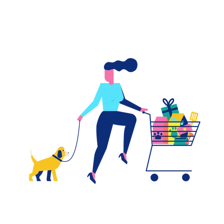 Woohoo Shopping Character com cachorro de estimação e acessórios para animais de estimação no carrinho  Ilustração