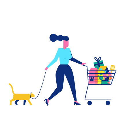 Woohoo Shopping Character com gato de estimação e acessórios para animais de estimação no carrinho  Ilustração