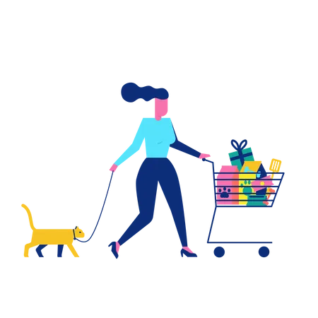 Woohoo Shopping Character com gato de estimação e acessórios para animais de estimação no carrinho  Ilustração