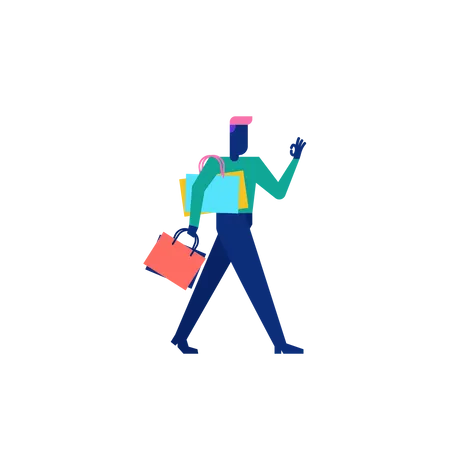 Uau, personagem de compras, homem segurando sacolas de compras  Ilustração