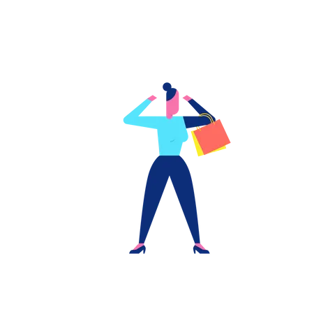 Uau, personagem de compras, senhora segurando sacolas de compras  Ilustração