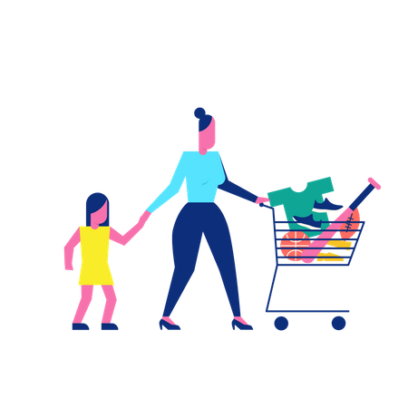 Woohoo Shopping Personagens senhora com sua filha e coisas de jogos esportivos no carrinho  Ilustração