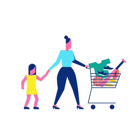 Woohoo Shopping Personagens senhora com sua filha e coisas de jogos esportivos no carrinho  Ilustração