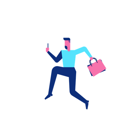 Woohoo Shopping Character che corre con borse della spesa e smartphone  Illustration